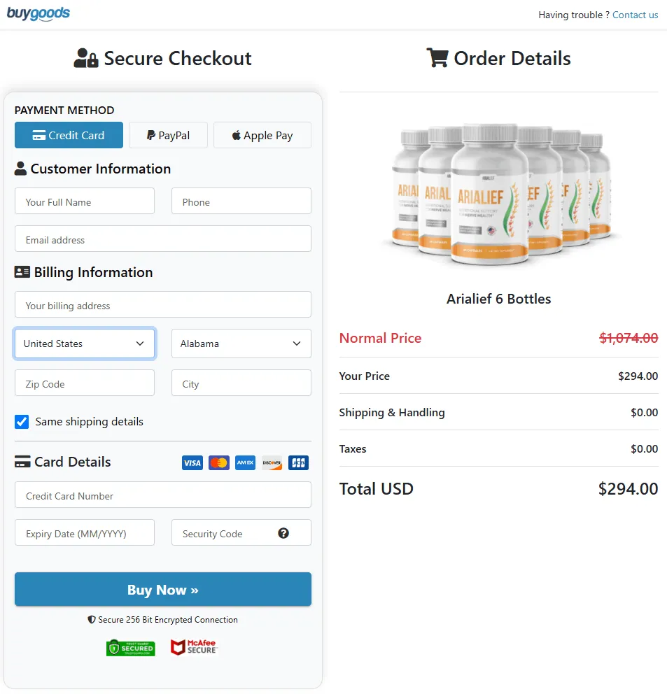 Arialief Checkout Page